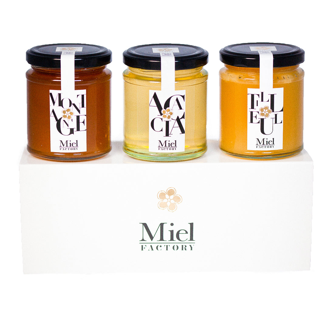 coffret avec trois miels français 